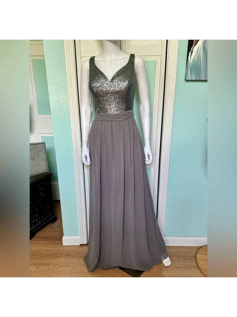 Size 10 12 Sequin Chiffon Floor Length Charcoal Bridesmaid mothers dress gown